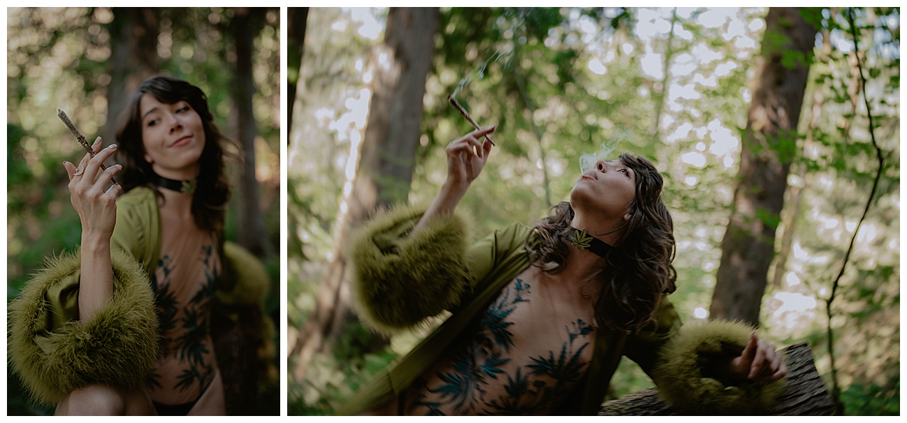 woman in green Catherine d'lish robe smoking a joint