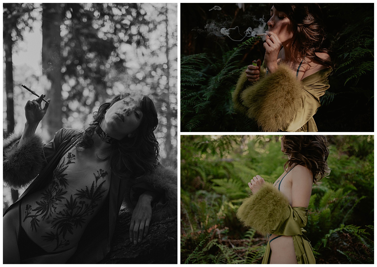 girl wearing vintage green robe in forest smoking a joint