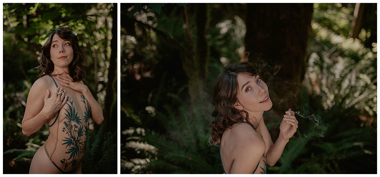 woman wearing weed lingerie in woods