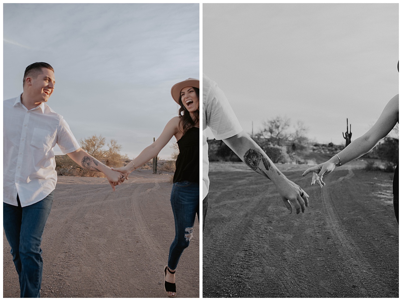 couple running holding hands wearing a hat