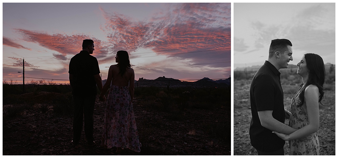 soft pink arizona sunset with silhouette of couple holding hands looking at one another