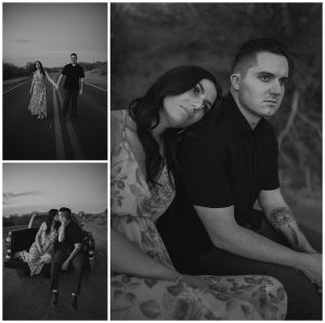 black and white photos, back of truck, engaged couple