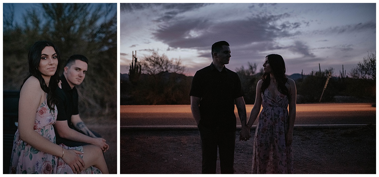 couple posing off side of the road during blue hour