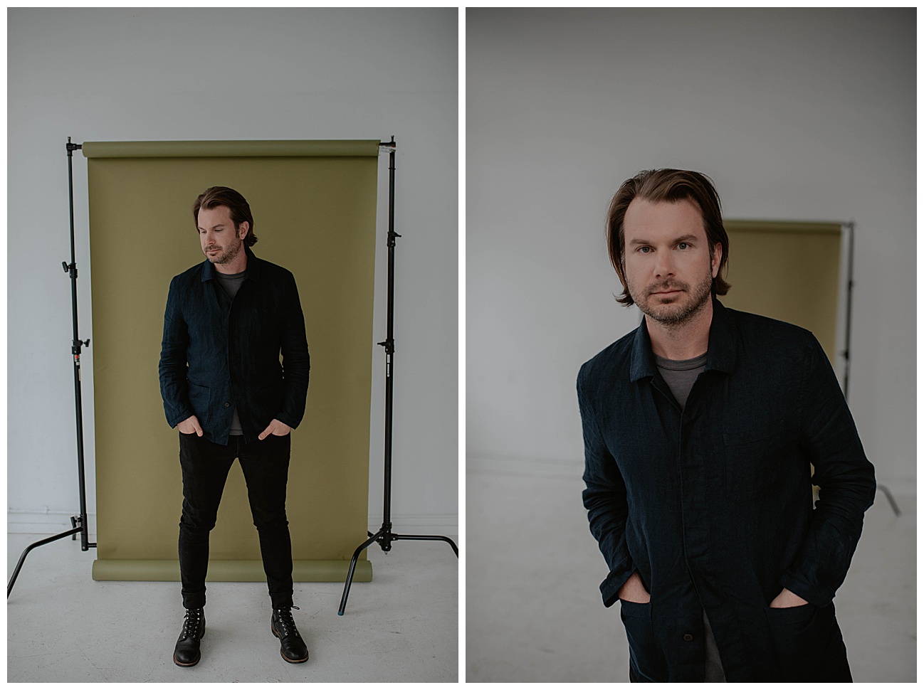 man posing in seattle studio in front of olive green background paper