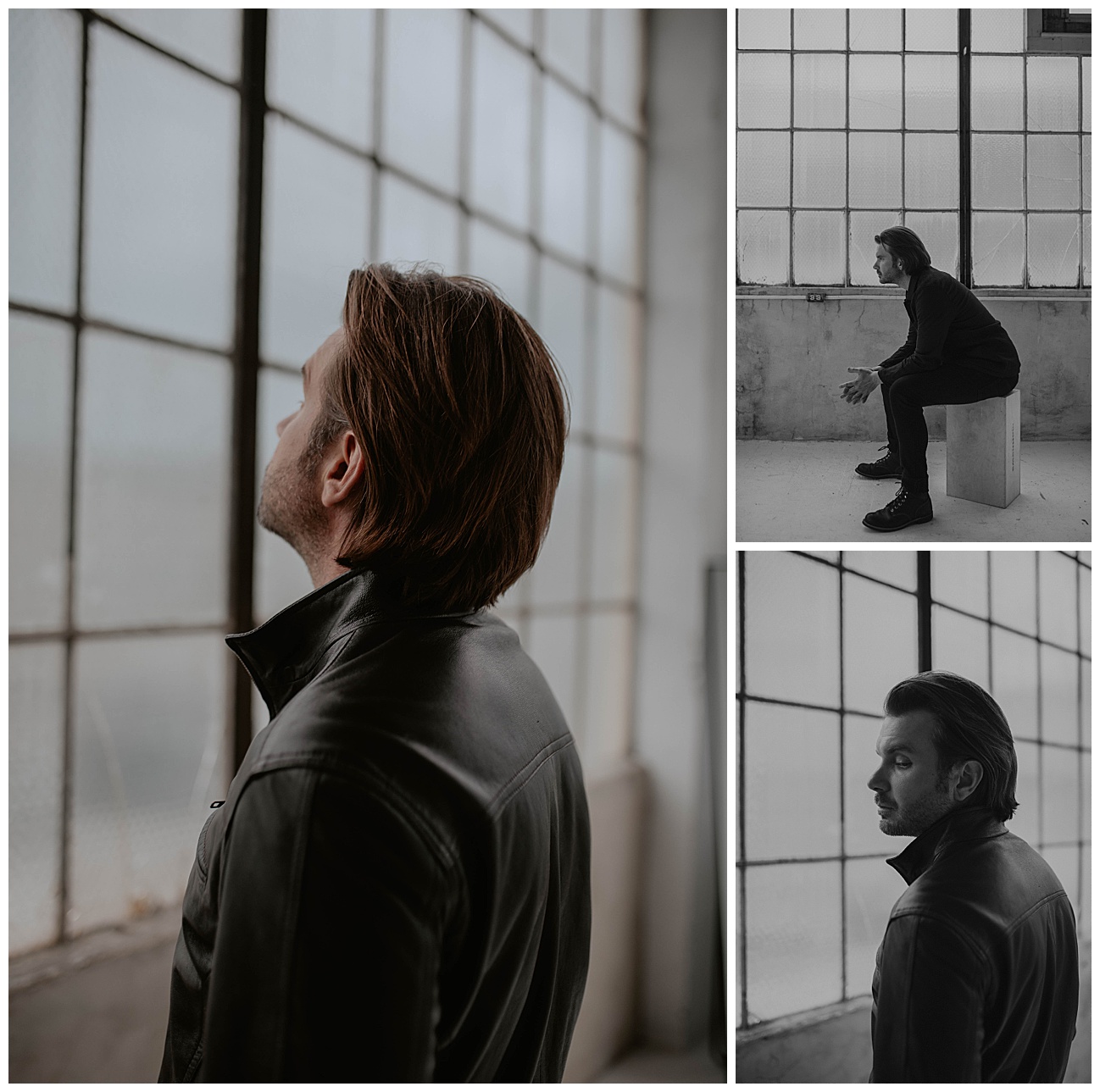 man in leather jacket standing in front of industrial style windows in downtown loft