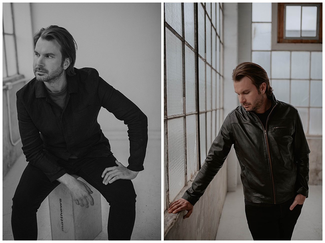 howie day posing in seattle studio wearing a black leather jacket