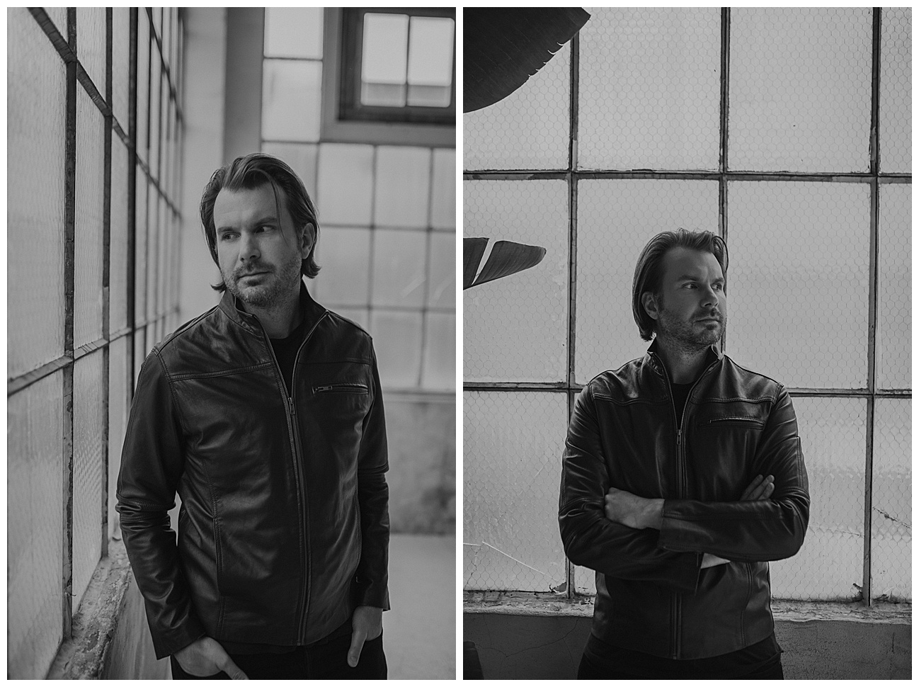 howie day in seattle studio wearing a black leather jacket