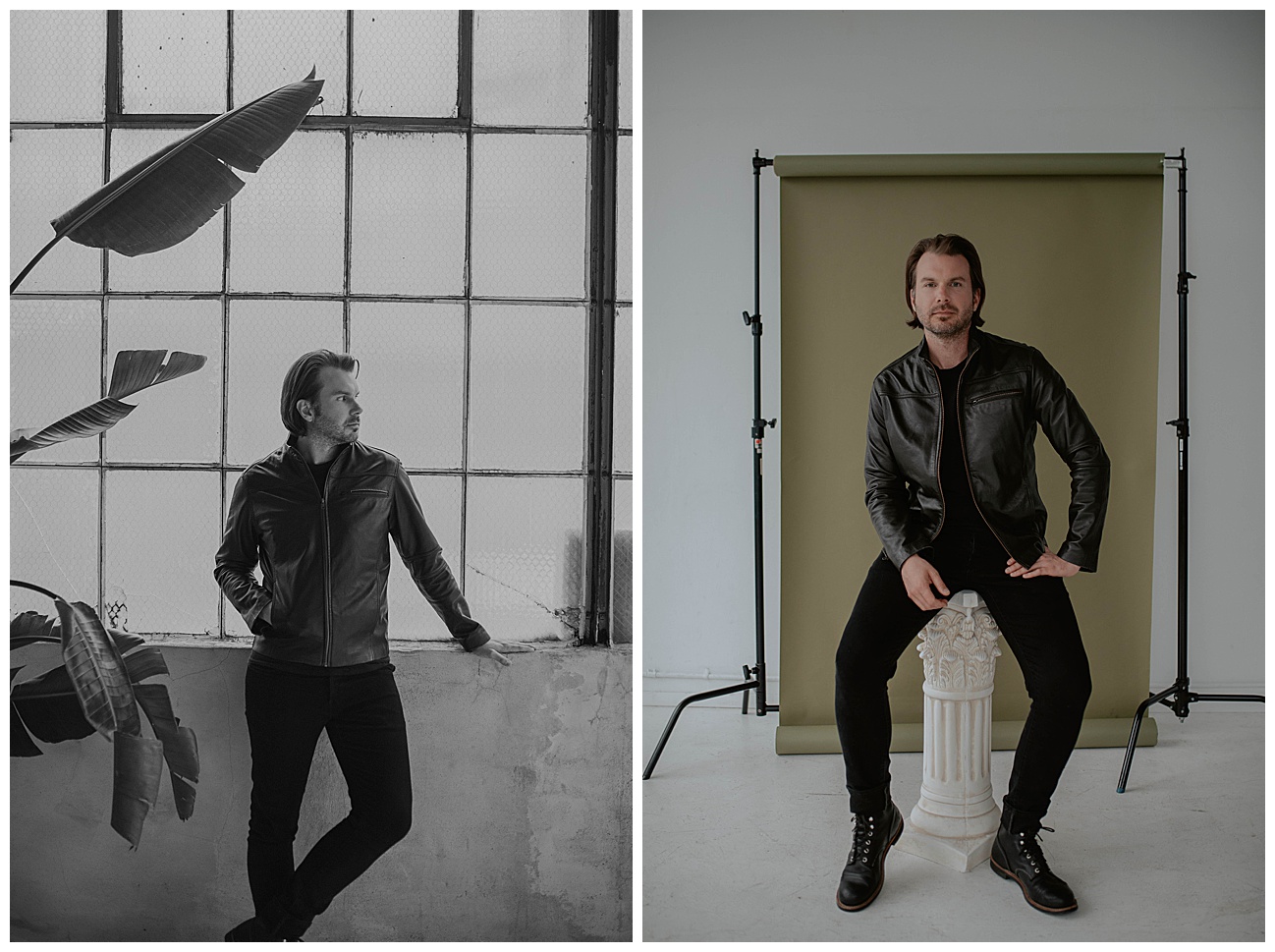 man in all black posing next to palm tree plant in seattle studio