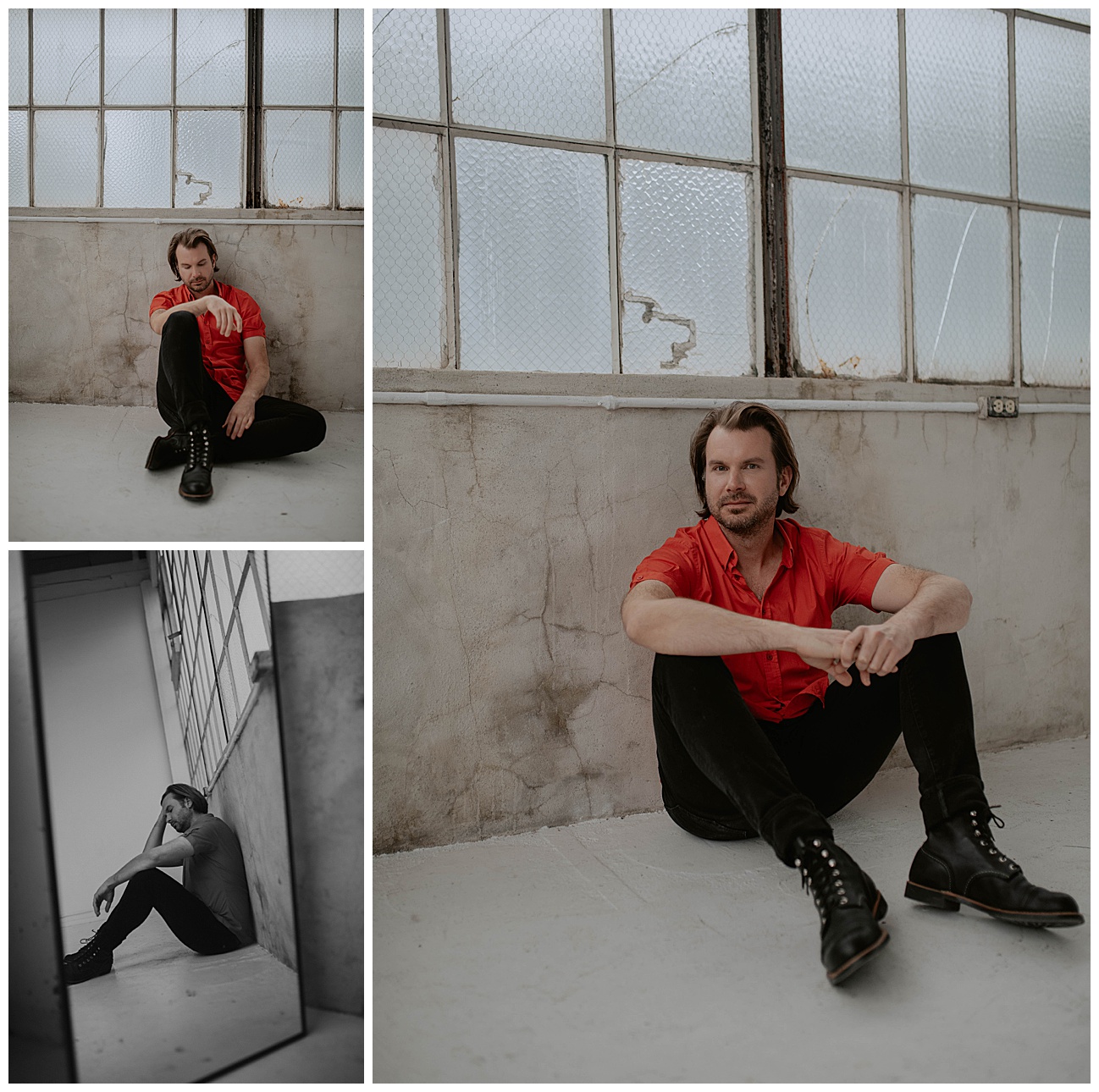 howie day posing in red shirt for branding photos in seattle studio