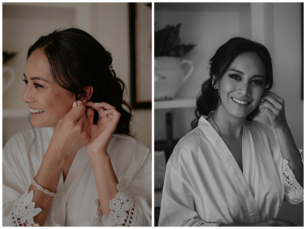 bride in getting ready robe putting on earrings