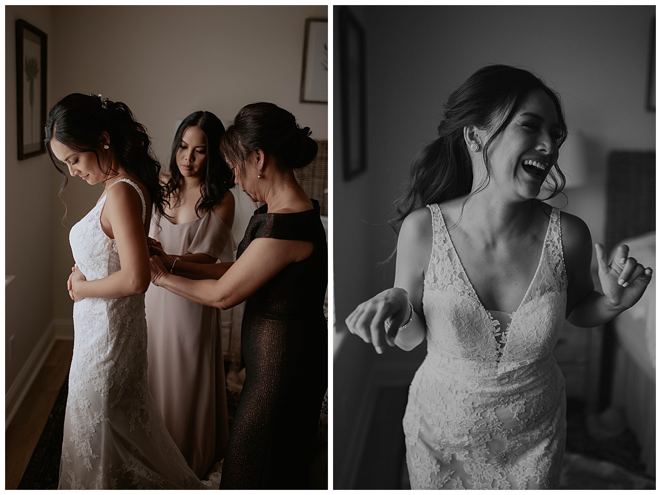 bride getting in wedding dress with mom and sister