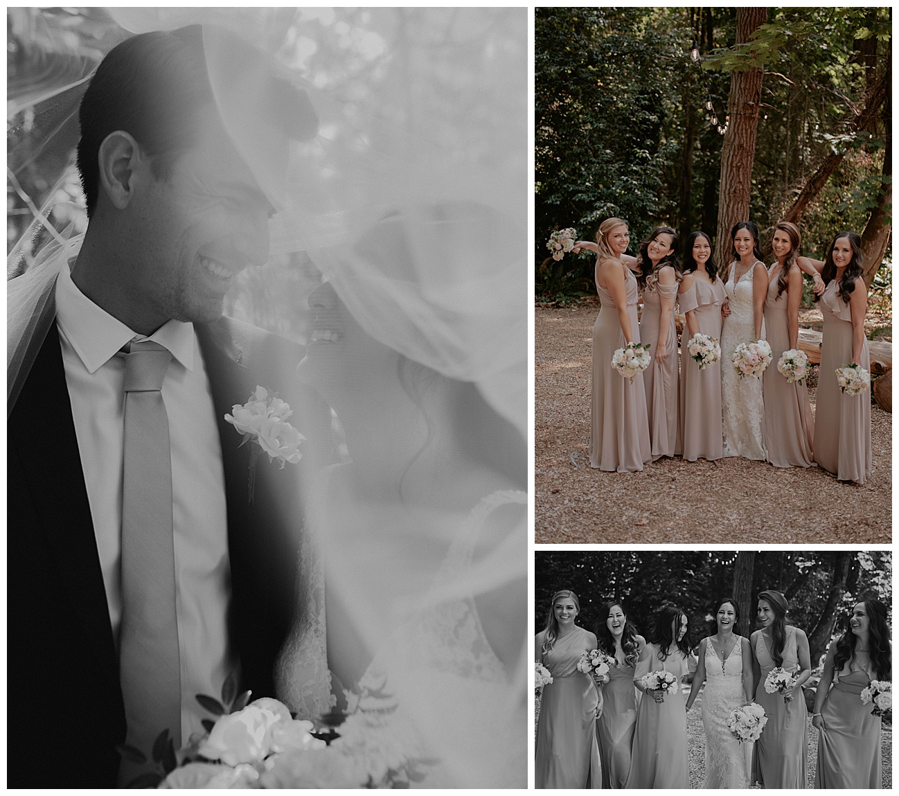 bride and groom posing under brides sheer white veil on wedding day