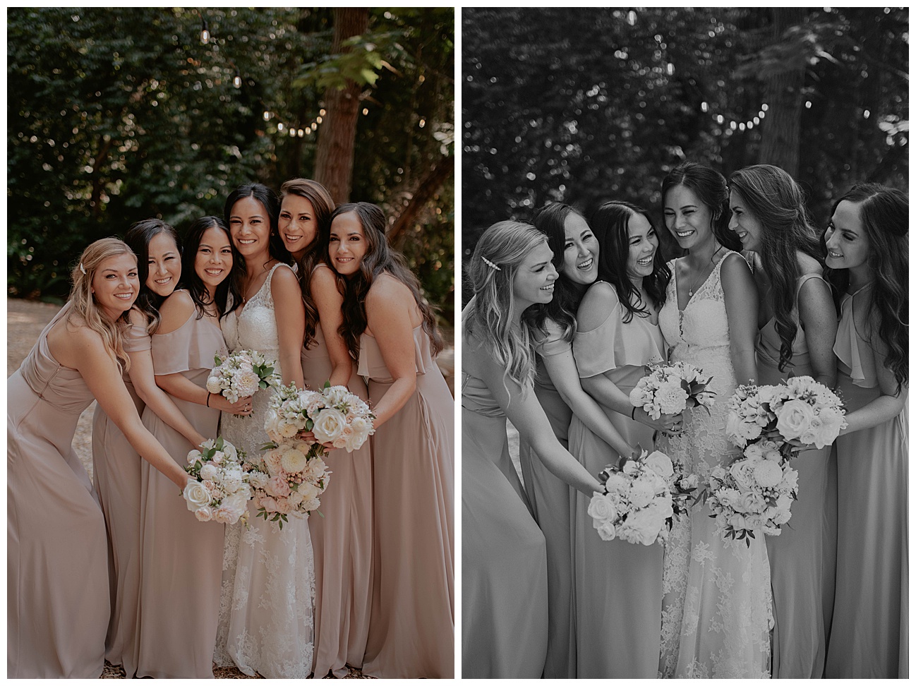 bride and her bridesmaids in light pink dresses holding white and light pink floral bouquet 