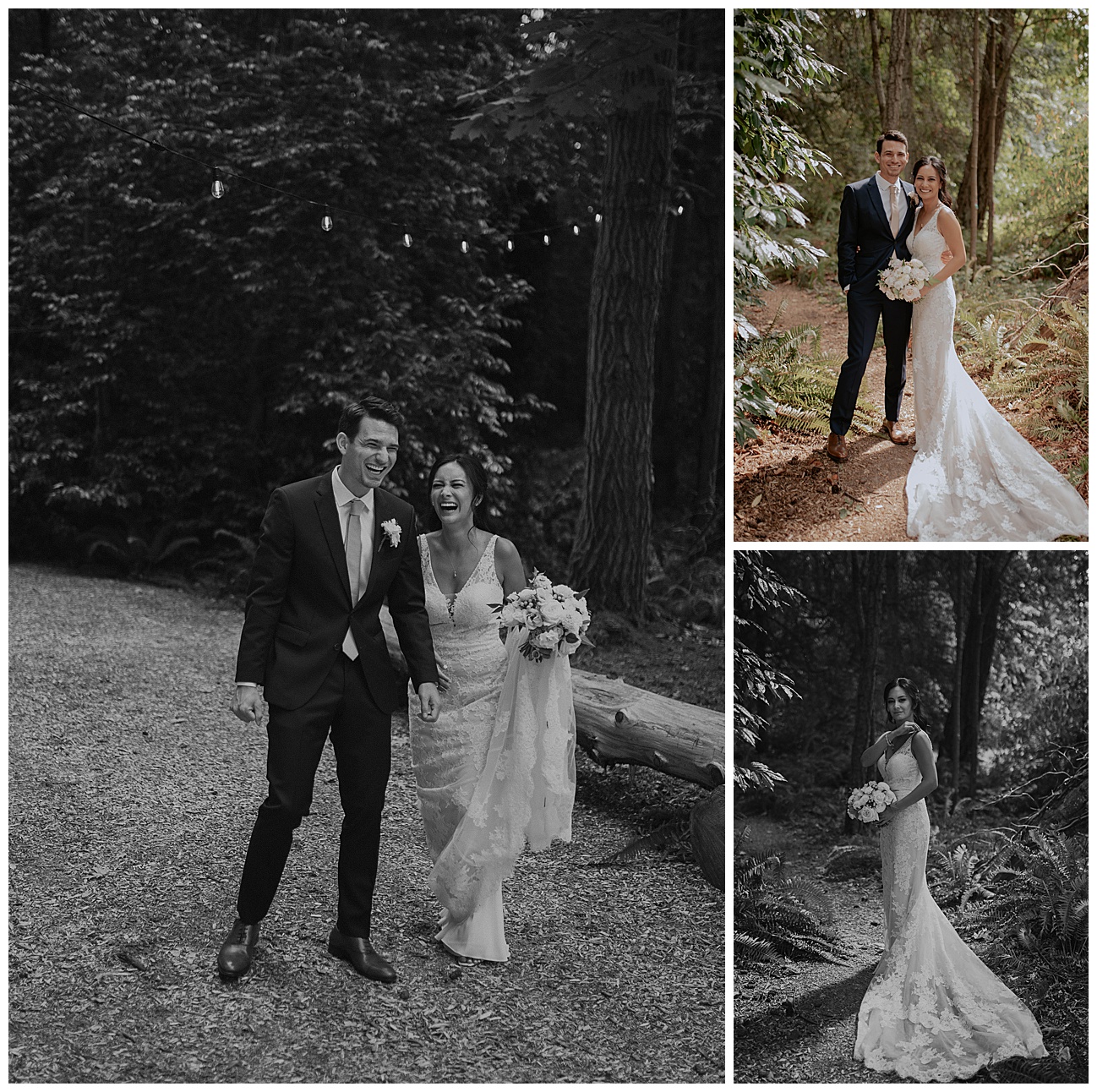bride and groom walking in the forest, bride is holding a pink and white bouquet 