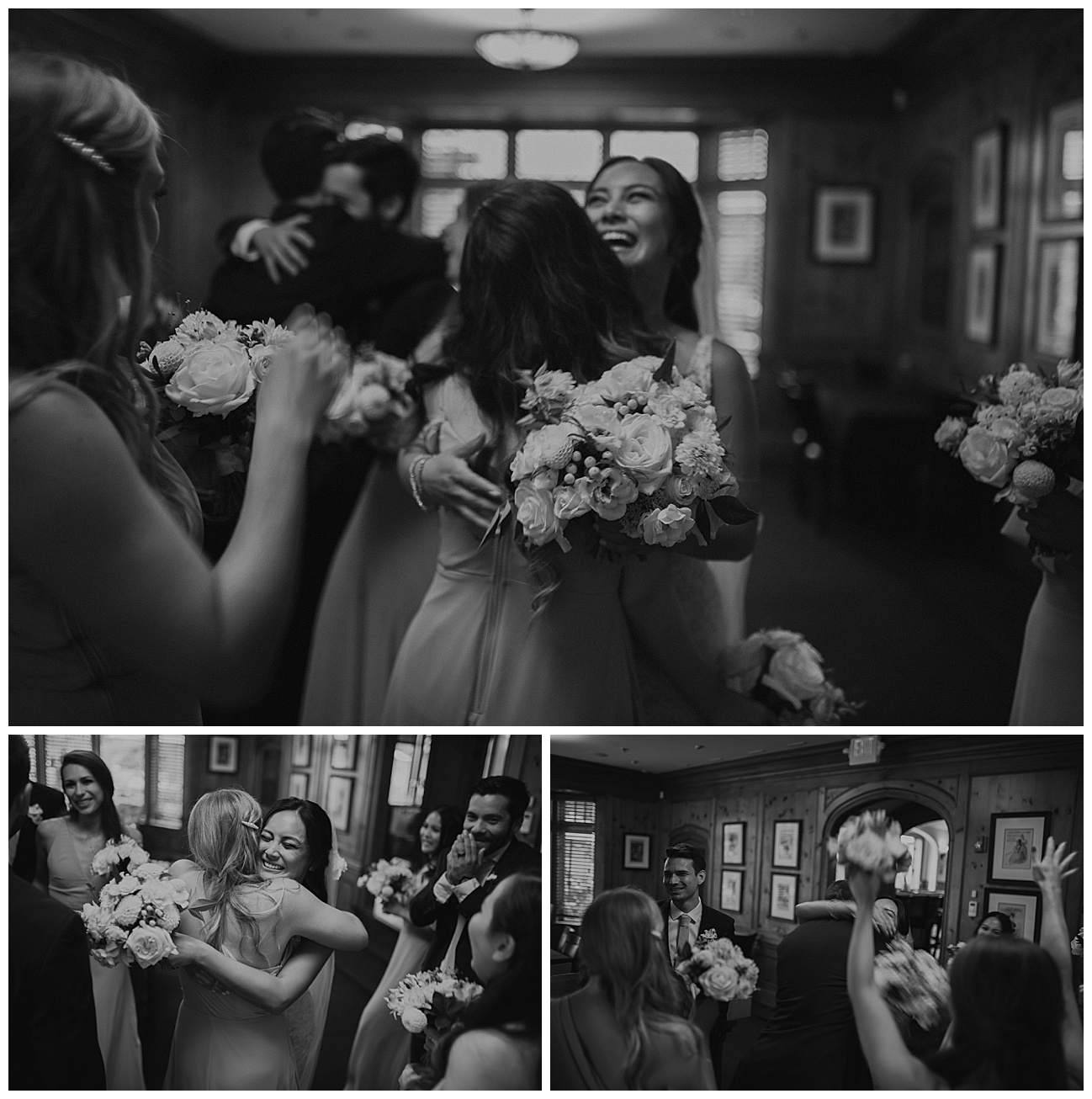 moment after saying i do, bride and groom with their wedding party