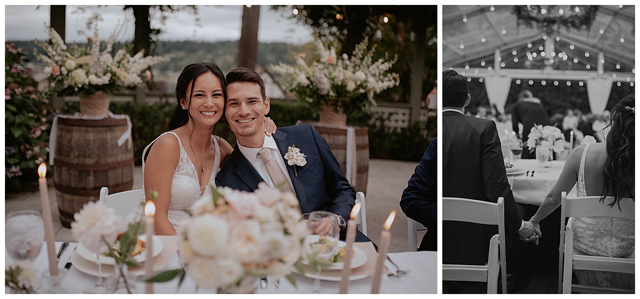 bride and groom sitting at dinner during their wedding reception