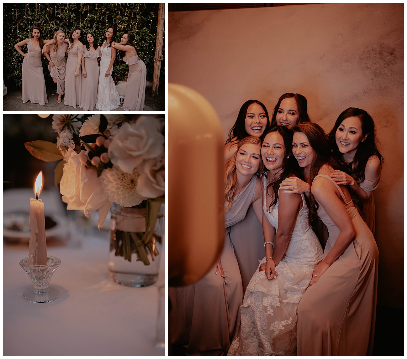 bridesmaids posing in front of Photo Booth during wedding reception