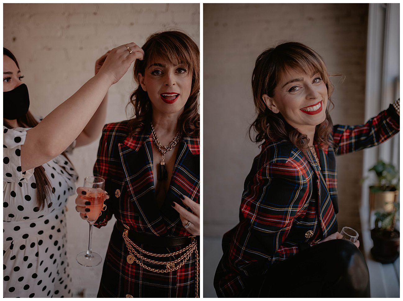 woman in plaid burberry jacket and red lipstick holding a glass of rose in downtown seattle studio