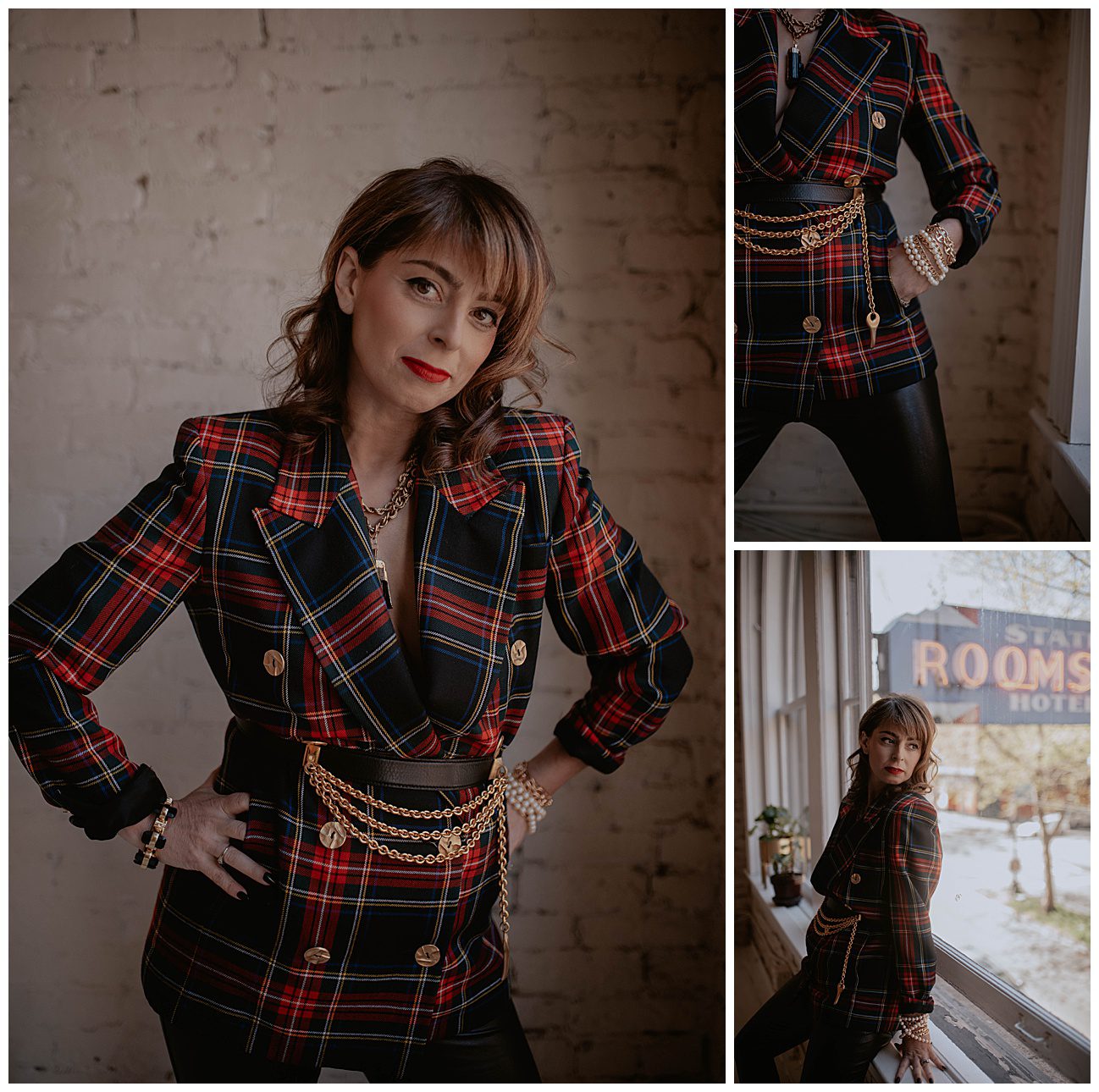 woman in plaid jacket and gold chain belt posing in front of white brick wall in Seattle
