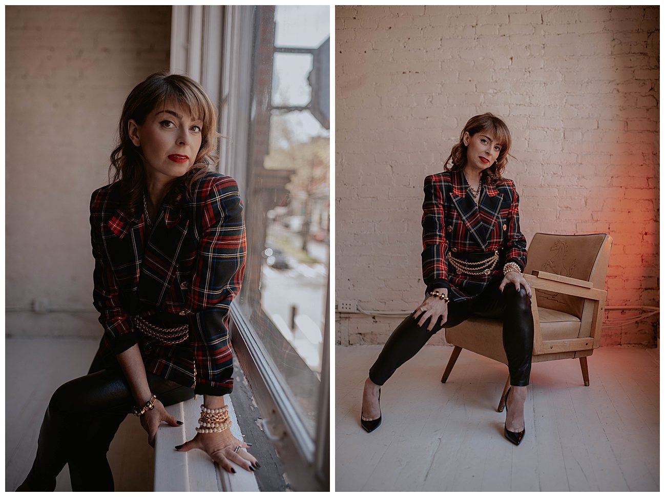 woman in black leather pants and burberry jacket  sitting on windowsill in downtown seattle loft