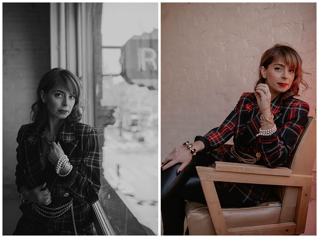 woman with red lipstick and gold chains and pearls in plaid red and black burberry jacket