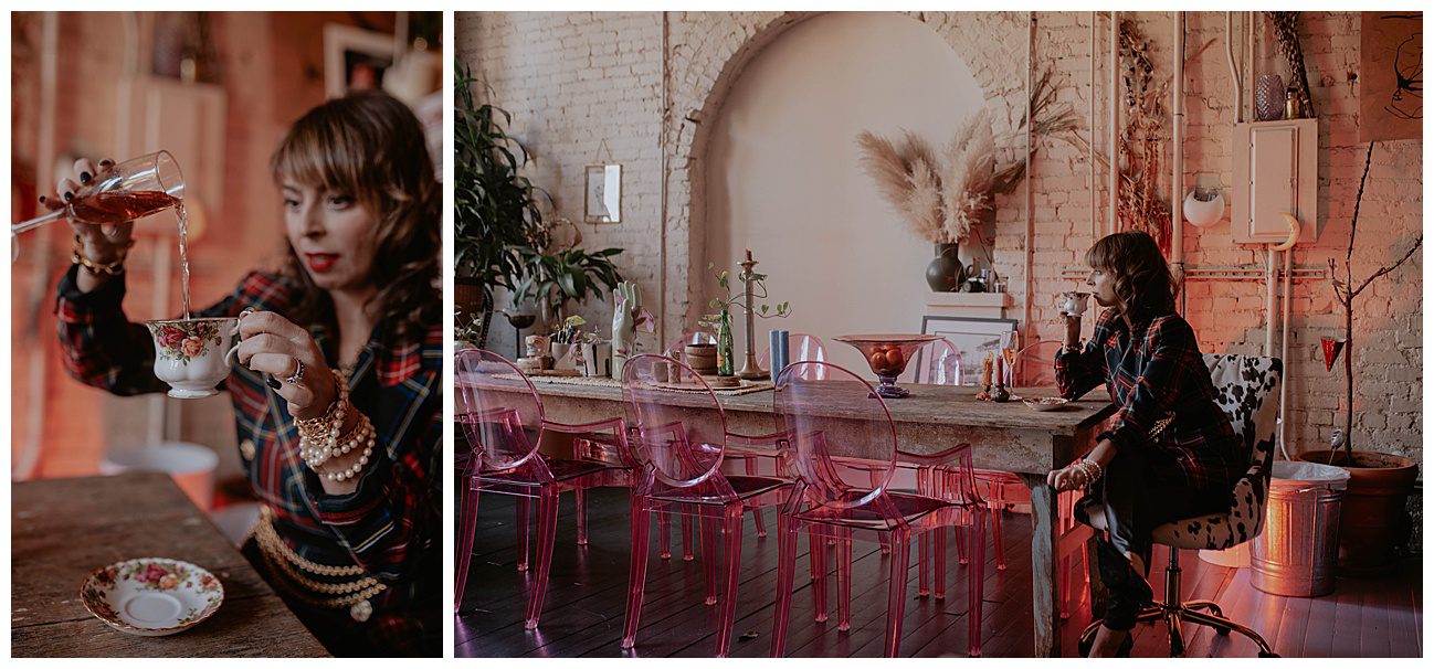 woman pouring champagne into a tea cup sitting on a hot pink chair at dining table