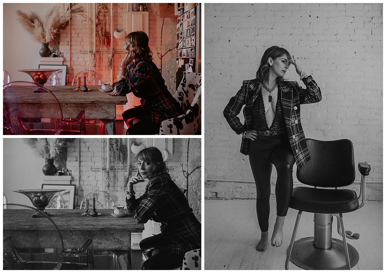 woman wearing lingerie under plaid burberry jacket in eclectic downtown seattle loft