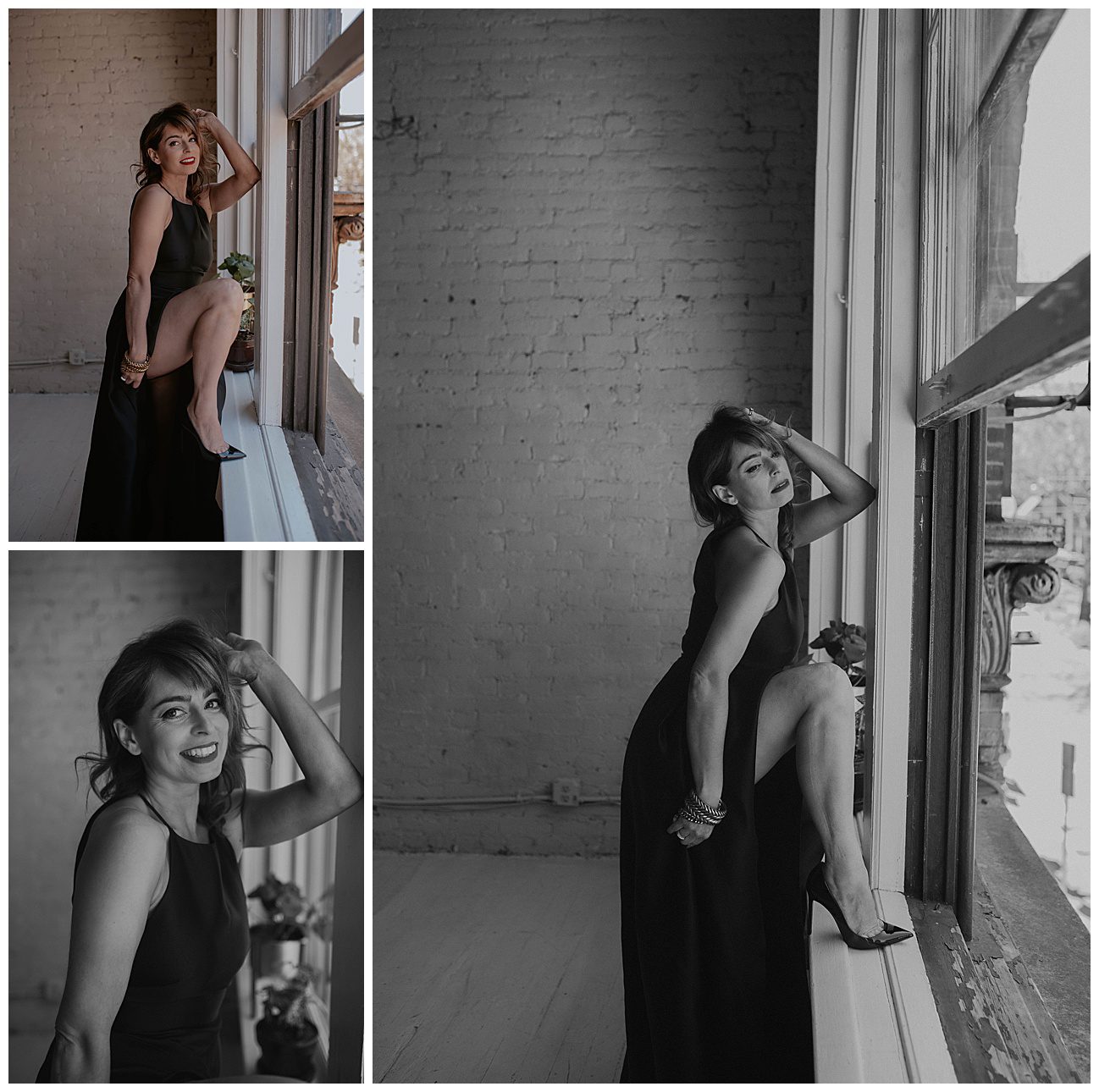 woman in long black dress posing in front of large open window