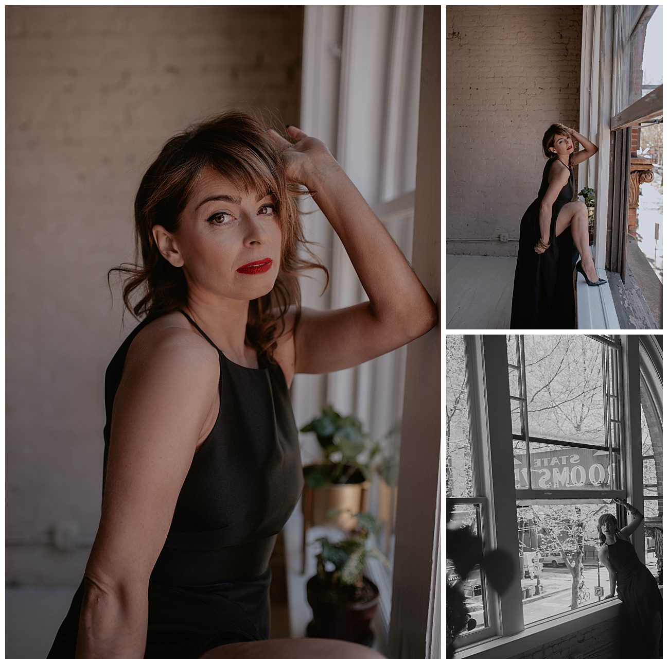 woman in black dress and red lipstick posing in window in downtown seattle
