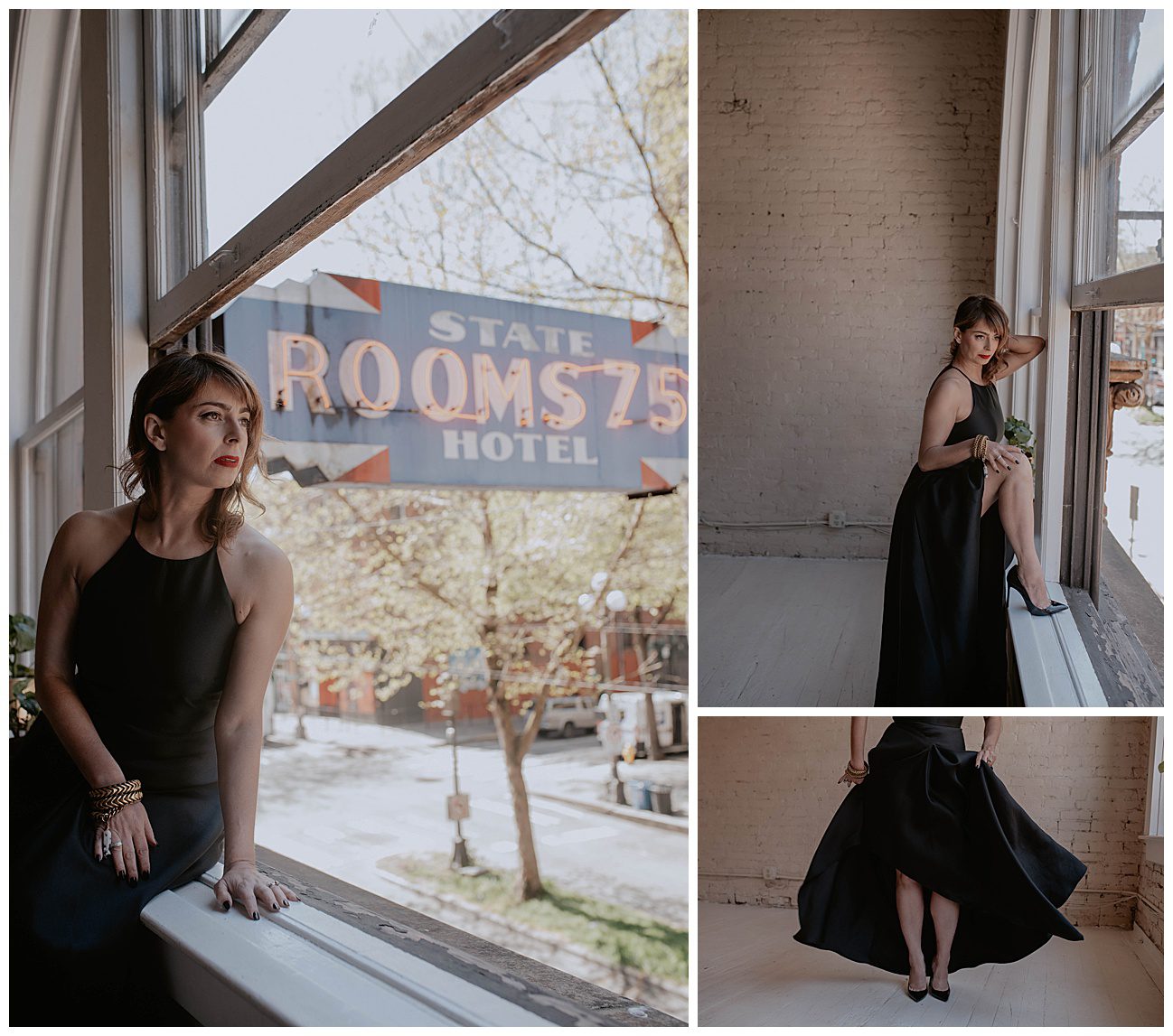 woman in black dress and heels sitting in window with city in the background