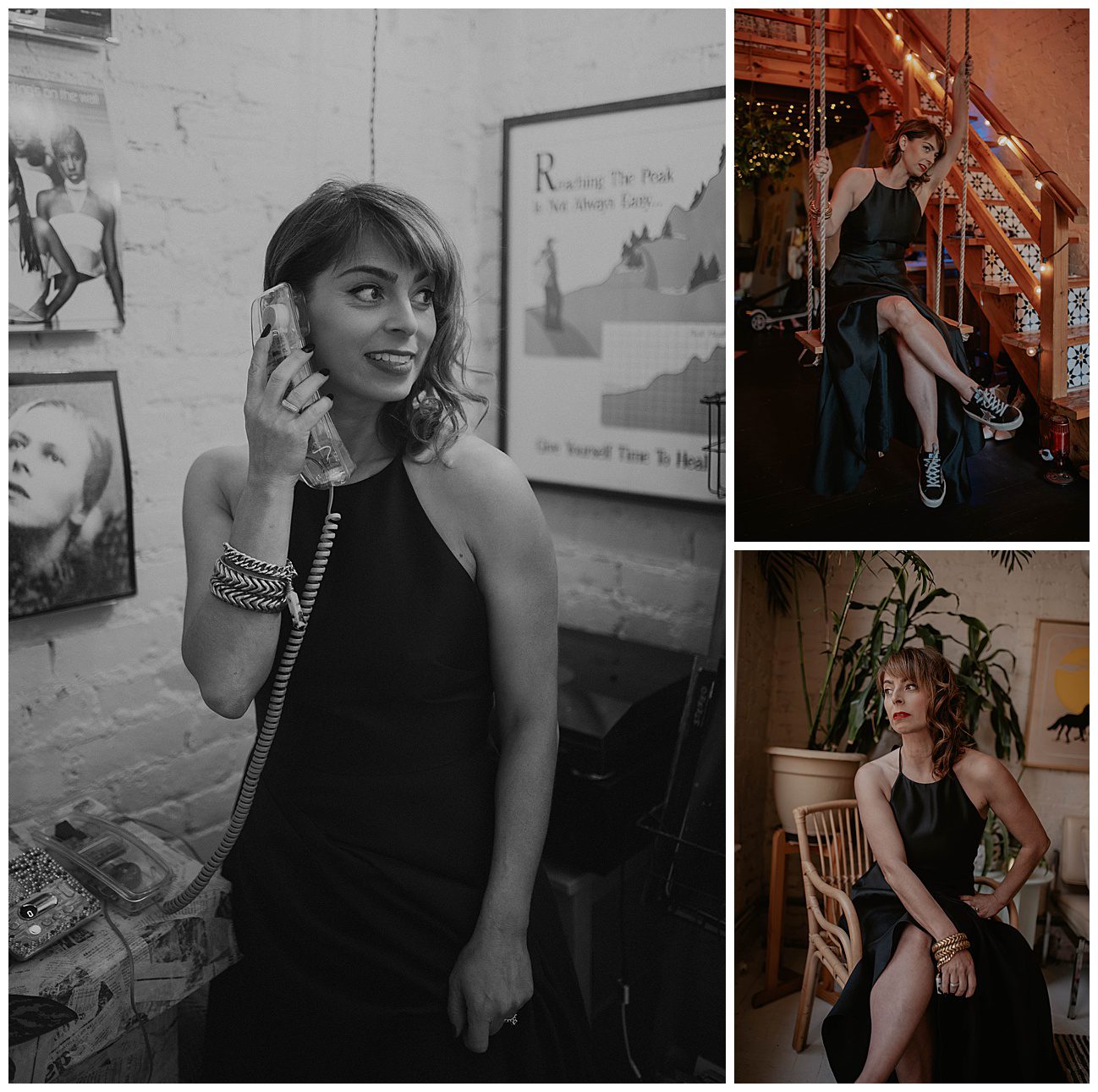 woman using an old school phone in eclectic studio space