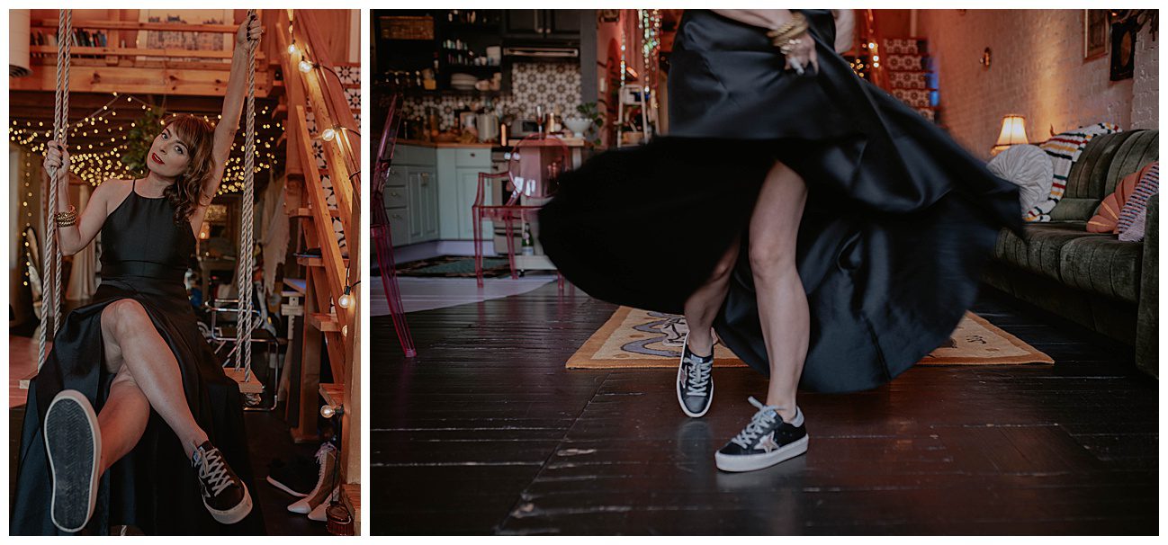 woman in fun shoes and a floor length black gown