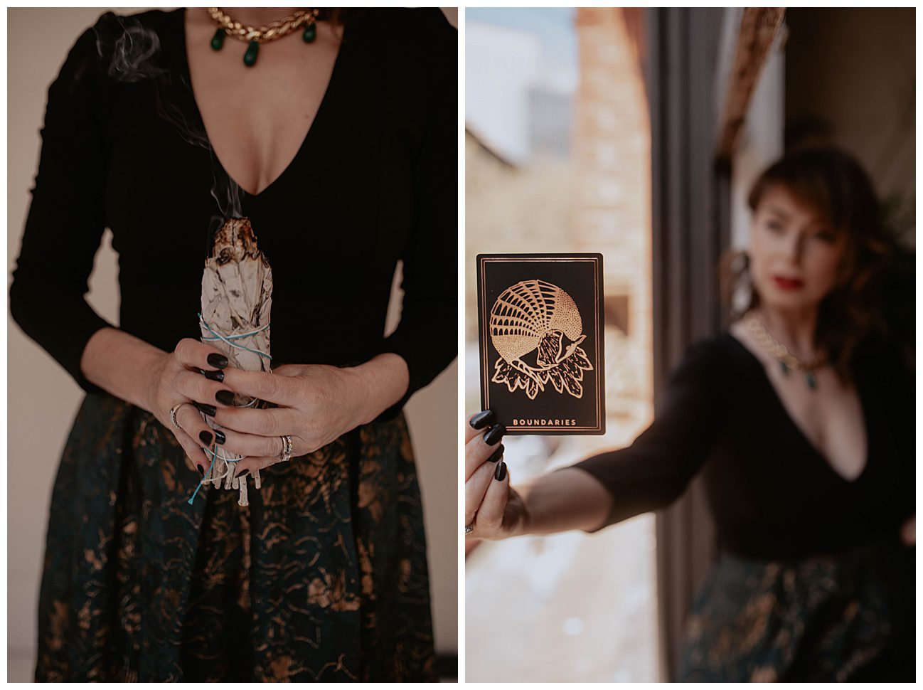 woman holding sage and tarot cards in her hands