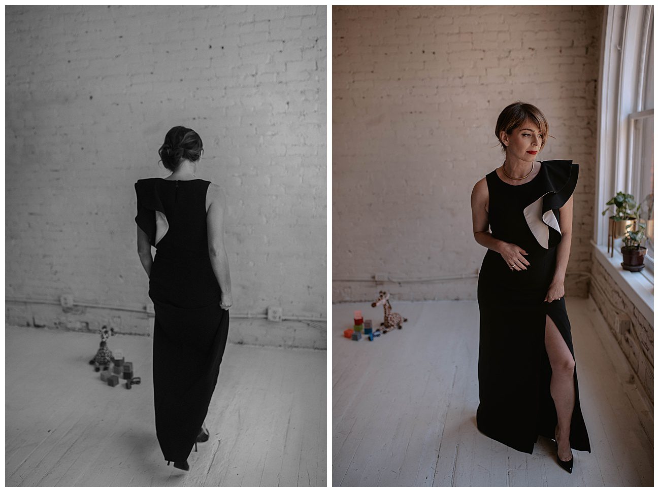 mom in floor length black gown with kids toys on the ground next to her