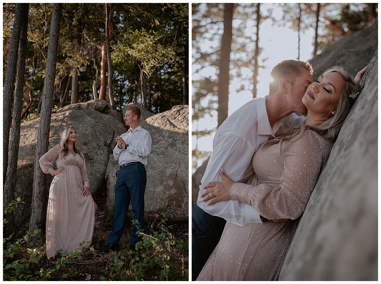 KJ and Evan's Love Story Part 1 with their Sunset Bellingham Engagement Session by Kendra K Photo kendrakphoto.com couple in fancy clothes in woods posing for their engagement photos