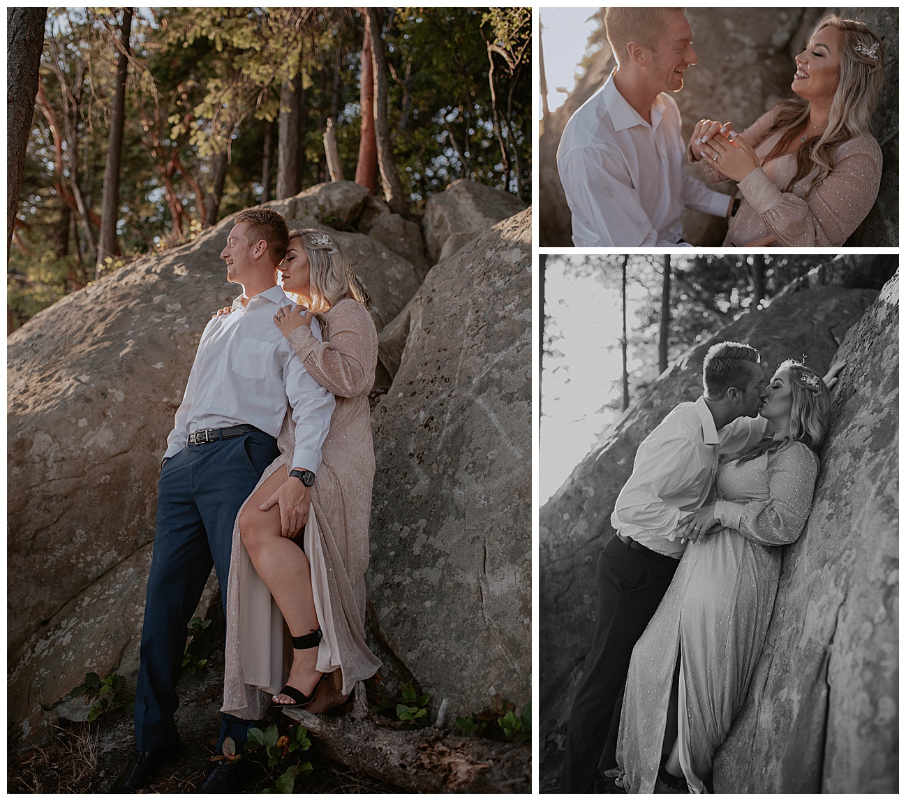 engaged couple in pink sparkly slit dress for engagement session in bellingham wa