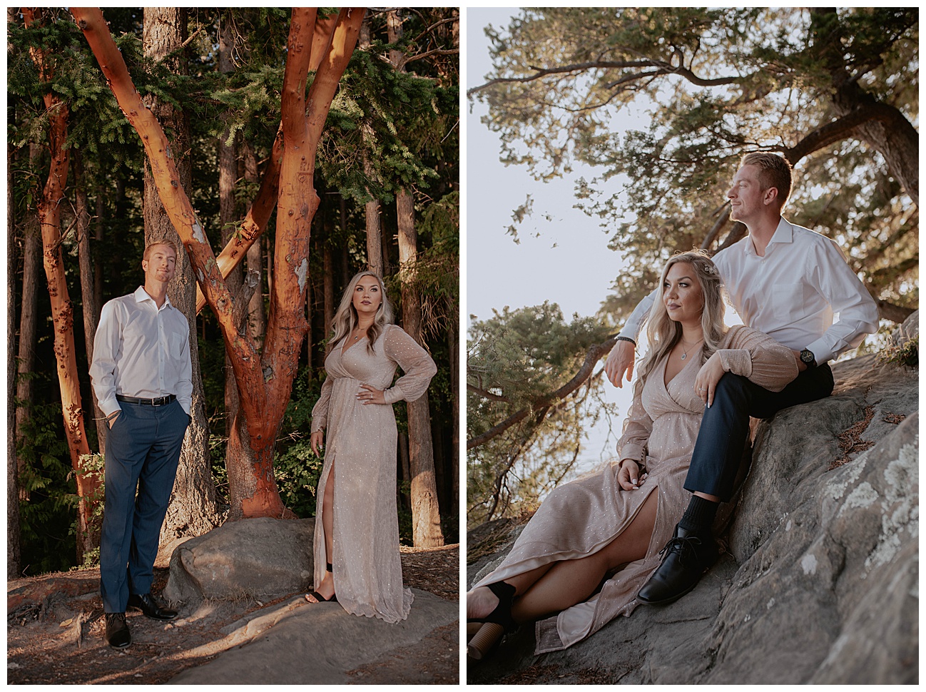 couples standing in front of red madrone tree in bellinham wa for engagement session 