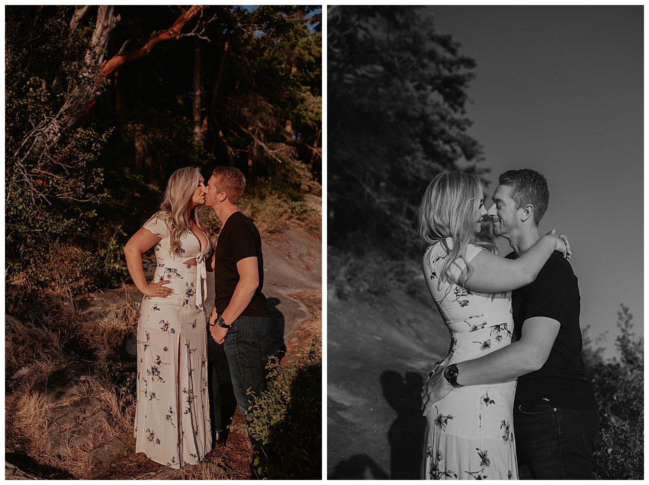 KJ and Evan's Love Story Part 1 with their Sunset Bellingham Engagement Session by Kendra K Photo kendrakphoto.com couple kissing on side of mountain with madrone trees in background