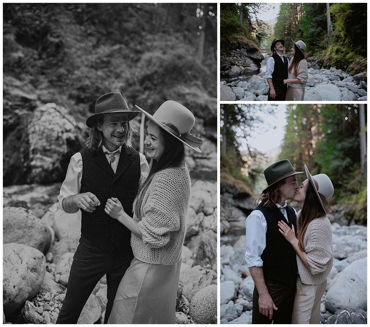 couple laughing together on river rocks for engagement session