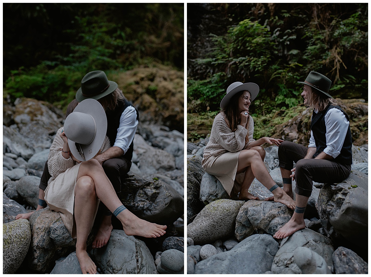couple with matching hats and tattoos pose together on rocks near cascade mountains 