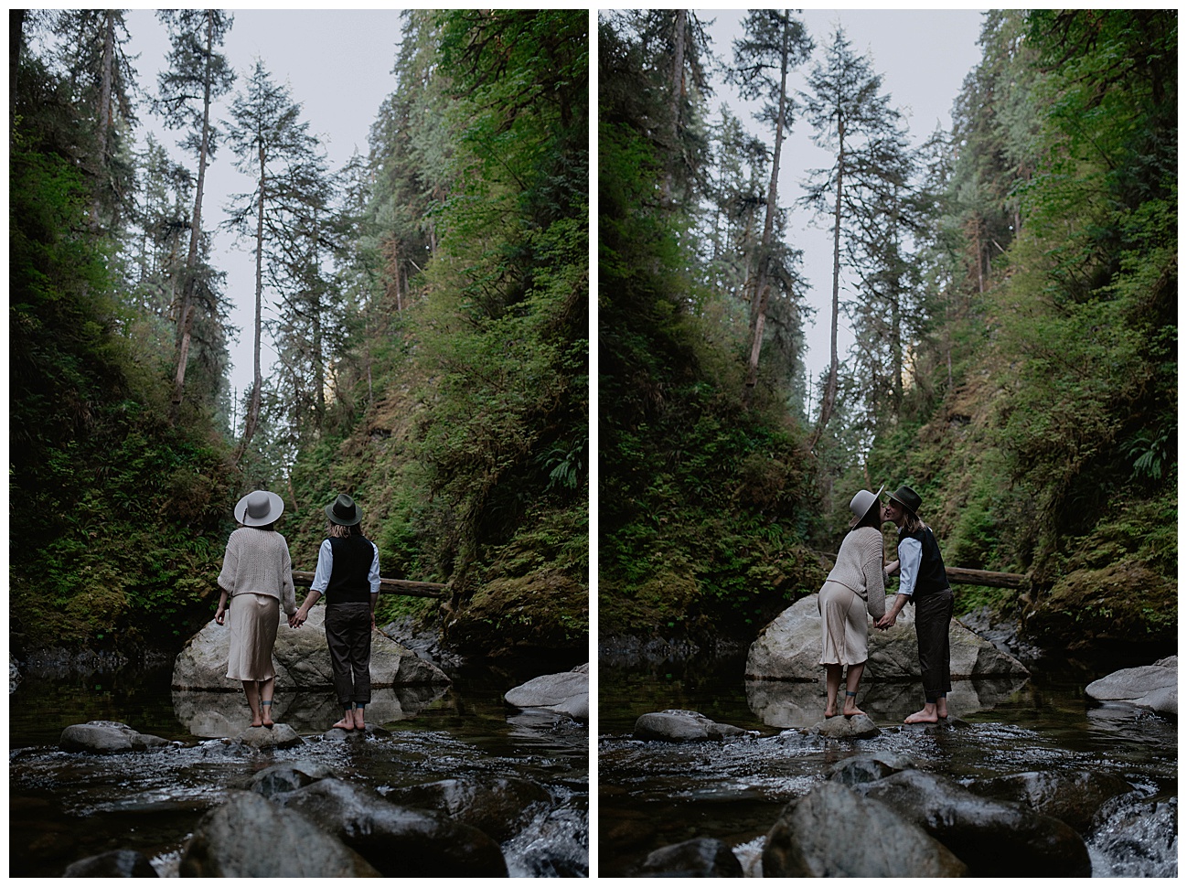 couple standing in the middle of river in forest near cascade mountains 