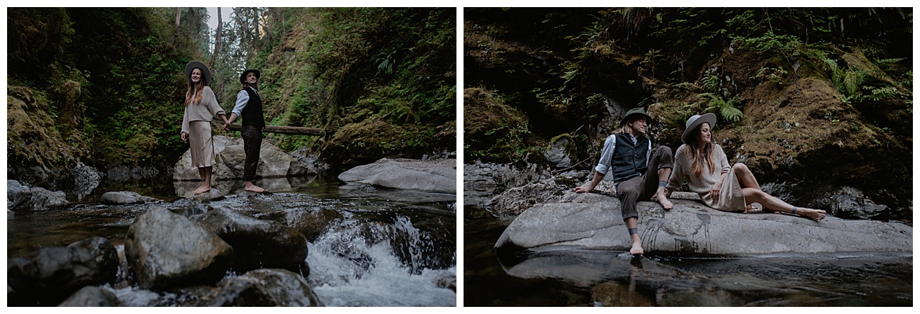 Adventure Engagement- Couples boudoir session with Kelly and Conner in the Cascade Mountains by Kendra K Photo kendrakphoto.com couple with matching hats lying on rock in river in pacific northwest