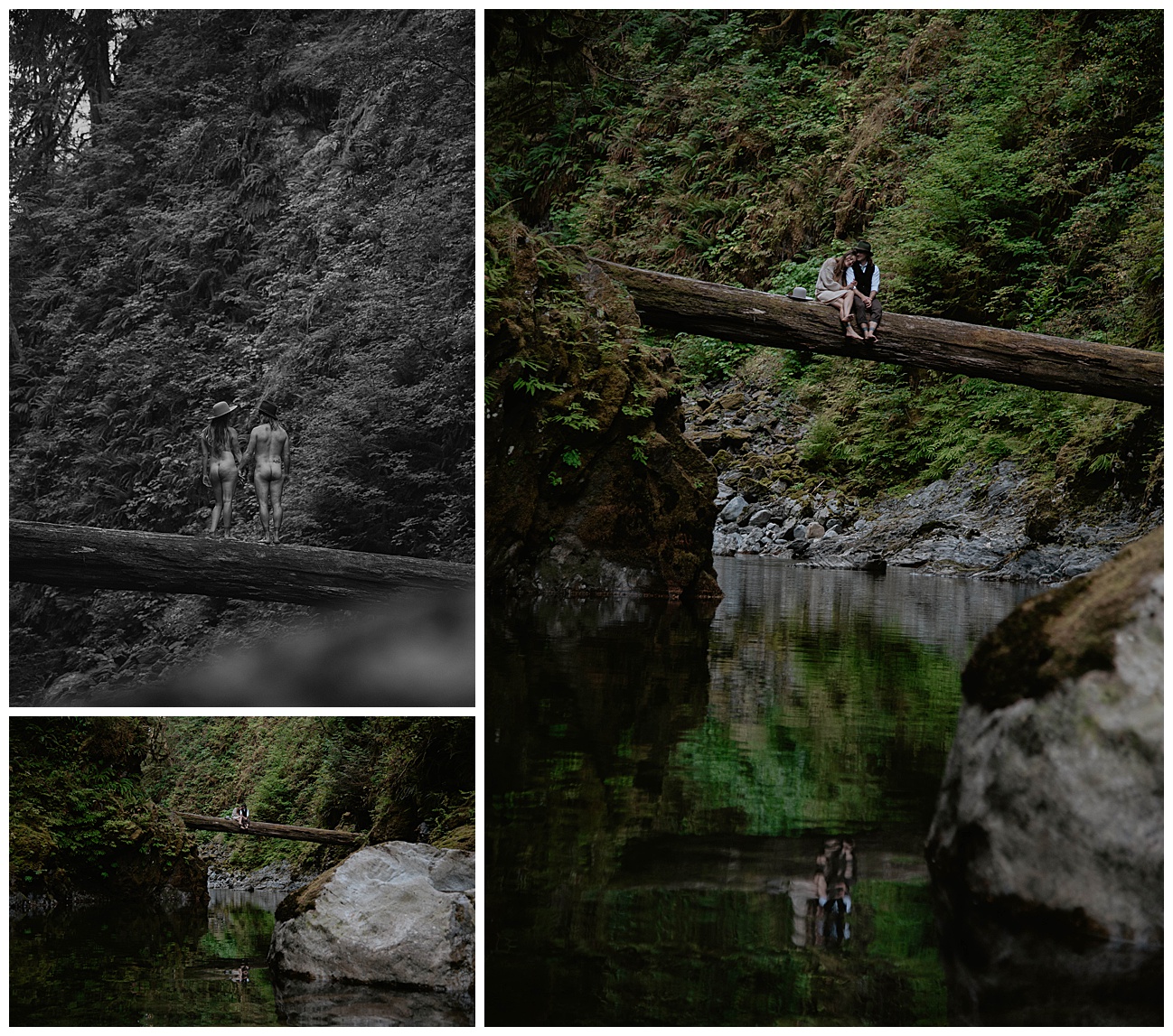 couple posing on log bridge over river in pacific northwest 
