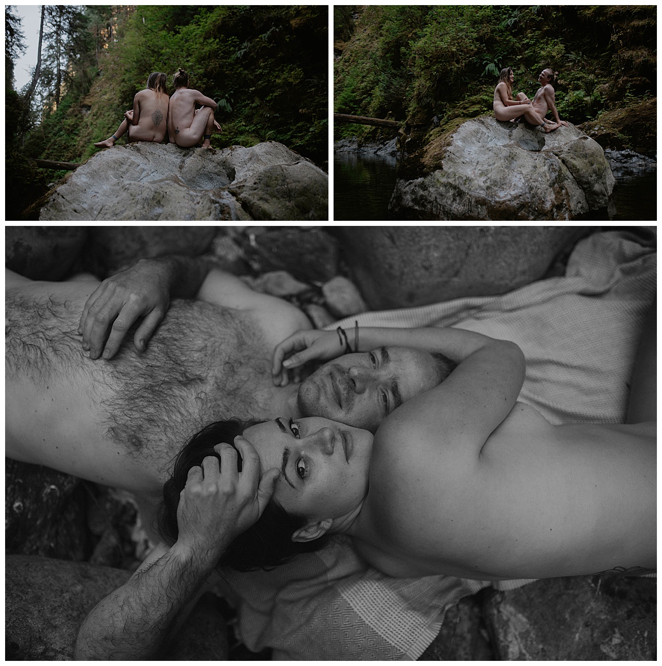 Adventure Engagement- Couples boudoir session with Kelly and Conner in the Cascade Mountains by Kendra K Photo kendrakphoto.com couple lying on rock with their heads next to one another nude