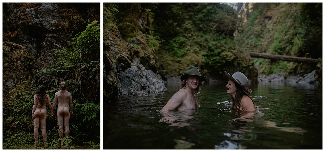 couple naked in river water wearing hats in cascade mountains 