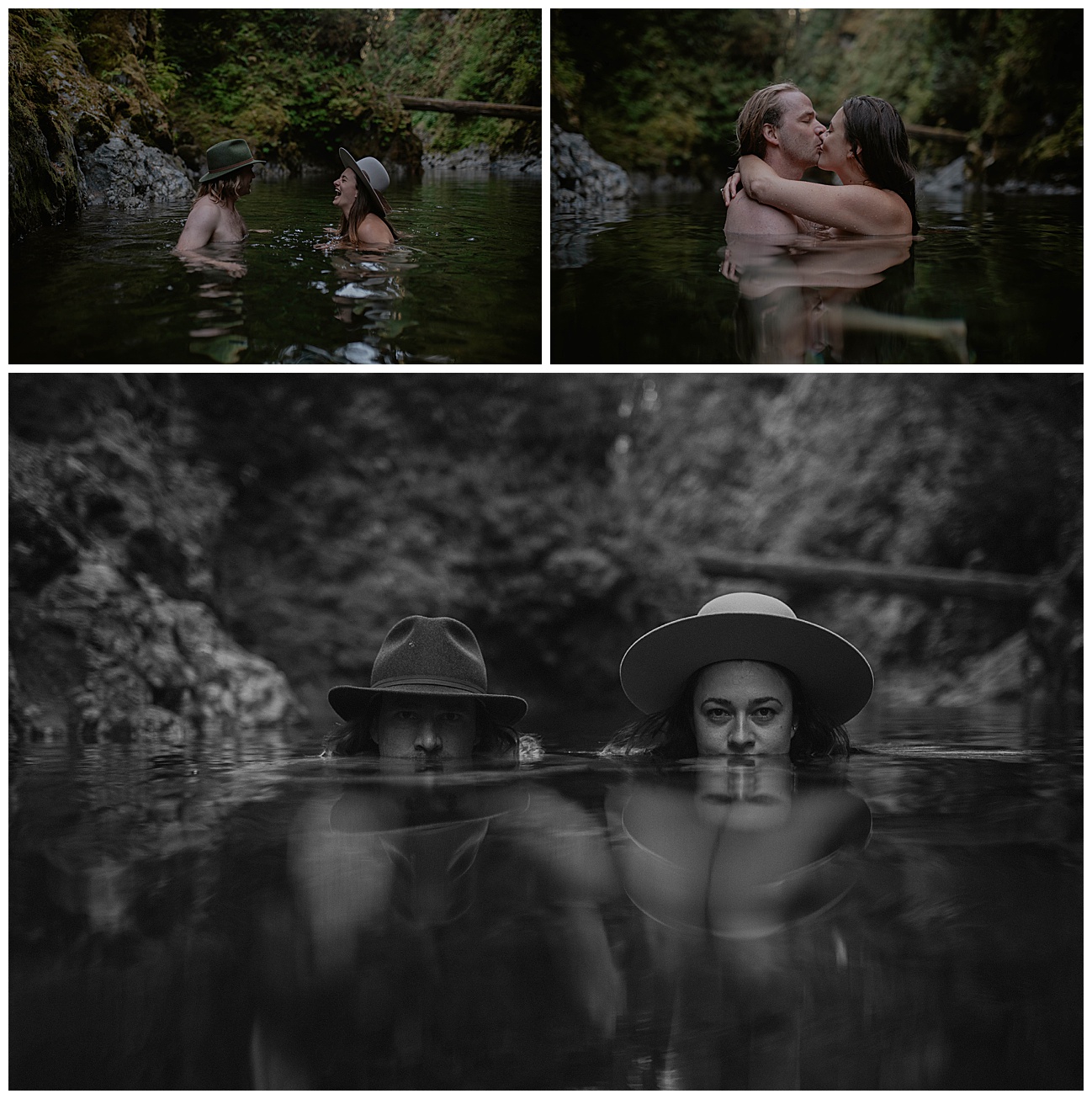 Adventure Engagement- Couples boudoir session with Kelly and Conner in the Cascade Mountains by Kendra K Photo kendrakphoto.com couple submerged in water wearing matching hats