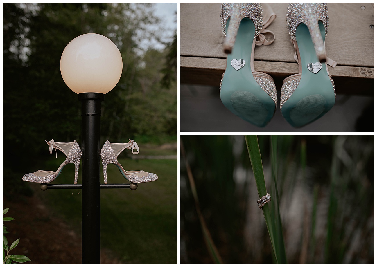 blue bottom sparkly wedding heels at gray bridge venue