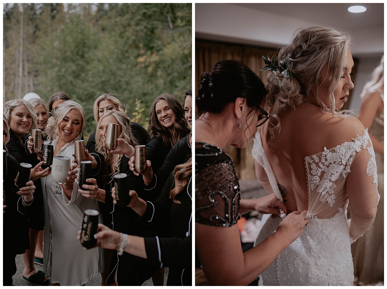 bride and bridesmaids getting ready, bride and mom getting ready, gray bridge venue