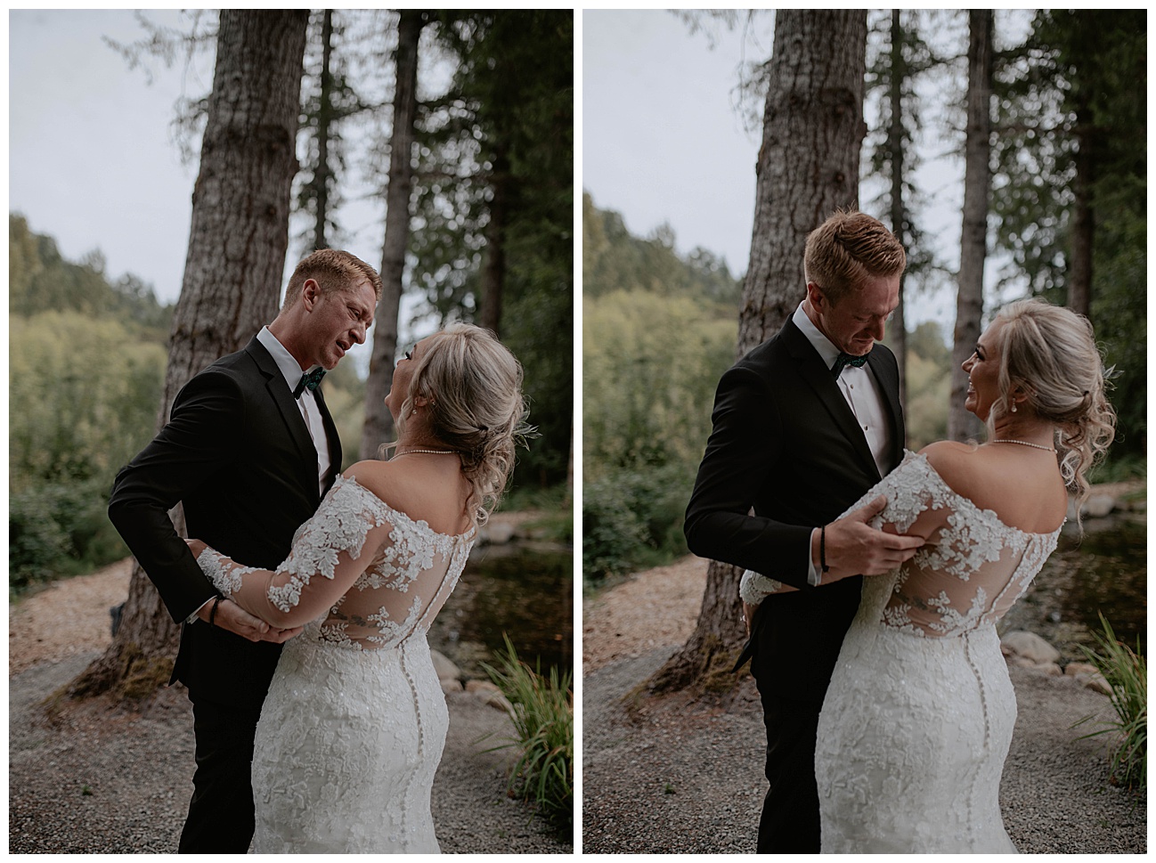emotional first look with bride and groom at gray bridge venue