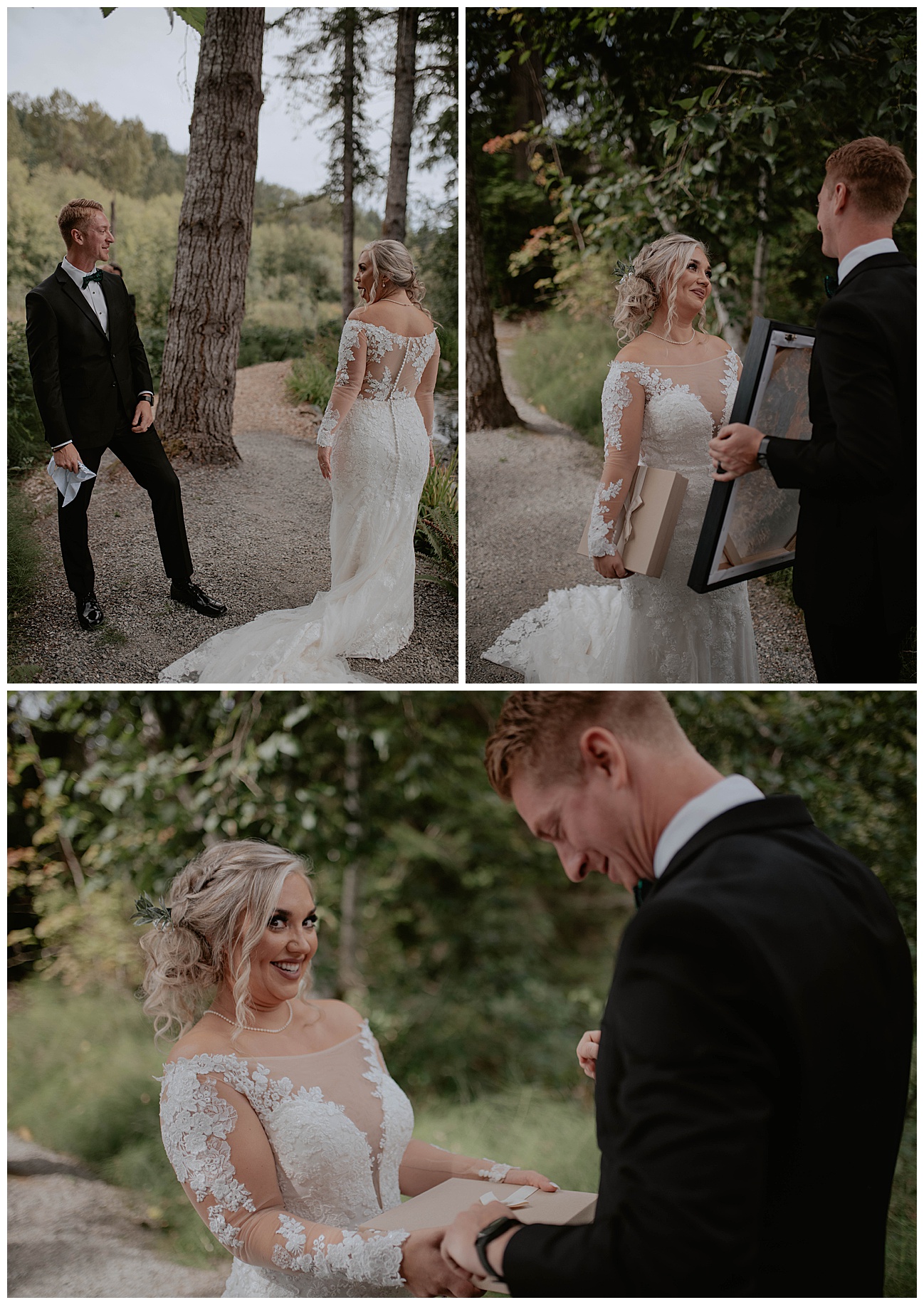 bride and groom exchanging gifts on wedding day